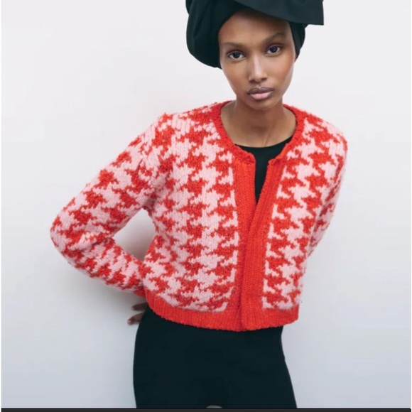 Zara NWT red hounds tooth cardigan - Picture 2 of 6
